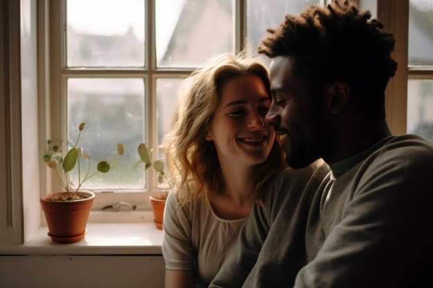 Foto um jovem casal apaixonado sorri e é feliz em casa