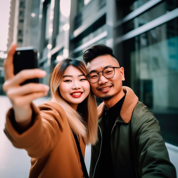Um jovem casal asiático, um rapaz e uma rapariga, tiram uma selfie na rua de uma grande cidade.