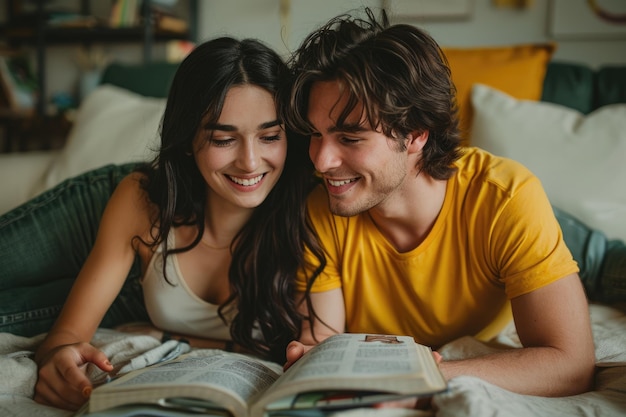 Um jovem casal atraente numa biblioteca a ler um livro juntos.