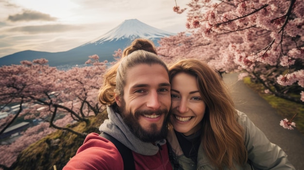 Um jovem casal barbudo internacional viagem em Fuji Japão marco sorrindo e olhando para a câmera
