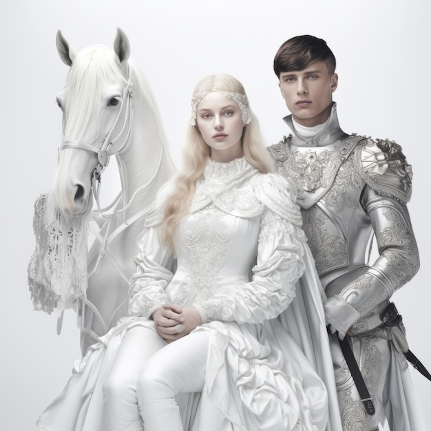 Foto um jovem casal branco do renascimento posando em cavalo no estilo grant morrison.