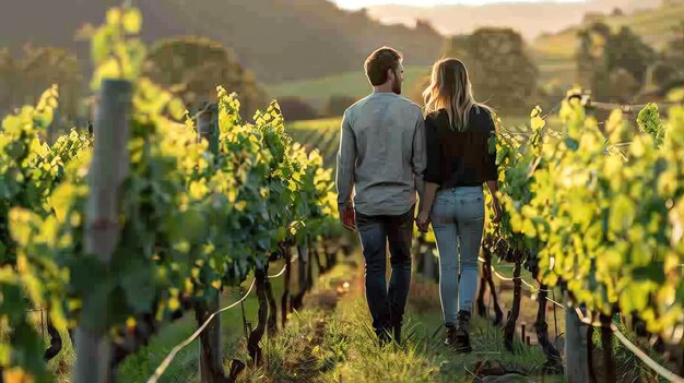 Um jovem casal caminhando de mãos dadas por um vinhete exuberante ao pôr-do-sol