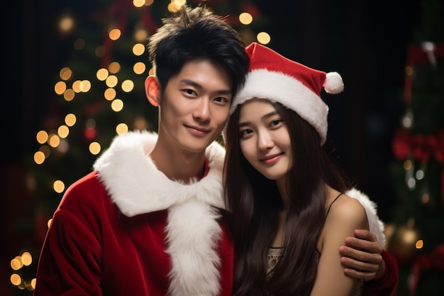 Um jovem casal chinês vestindo um fato de Papai Noel em fundo vermelho simples K Bokeh documentário