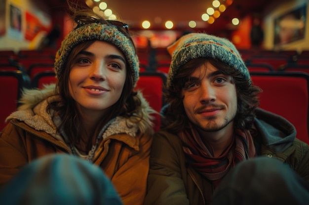 Foto um jovem casal compartilha um momento especial em um cinema sorrindo com expectativa cercado por assentos vermelhos em luz ambiente quente antes do início do filme