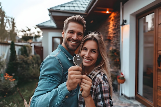 Um jovem casal comprou uma nova casa e segura a chave em frente à casa.