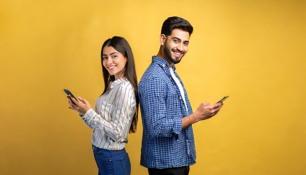 Um jovem casal, conectado mas separado, se comunica por smartphone