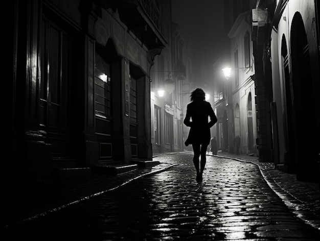 Um jovem casal correndo em uma rua na França por uma cena de filme noir noturno