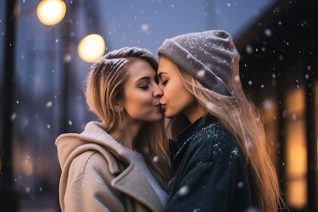Um jovem casal de lésbicas a beijar-se na rua.