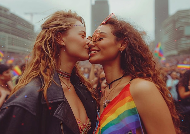 Um jovem casal de lésbicas feliz a beijar-se numa festa LGBTQ na rua.