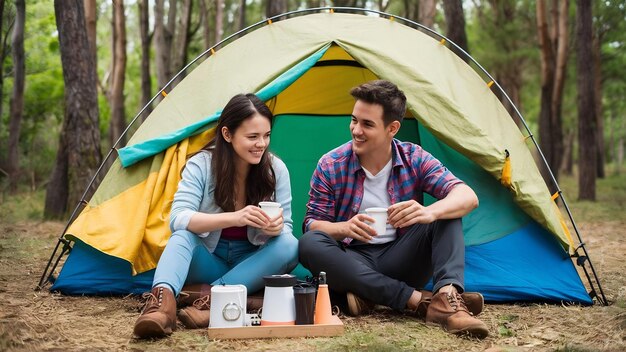 Um jovem casal de mochileiros alegre sentado na frente da tenda na floresta com um conjunto de café e fazendo