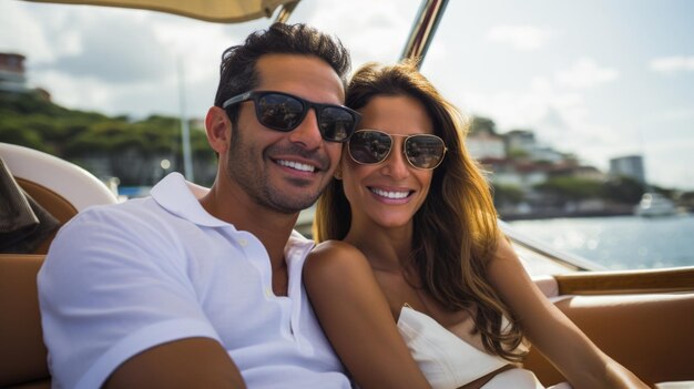 Um jovem casal de raça mista sorridente desfrutando de um passeio de veleiro em um dia de verão ensolarado