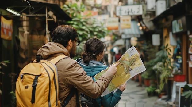 Foto um jovem casal de turistas com um mapa na cidade