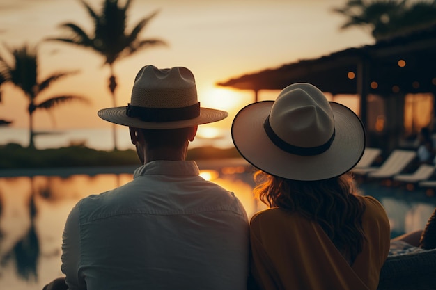 Um jovem casal de viajantes relaxando e desfrutando do pôr-do-sol em uma piscina de um resort tropical enquanto viajam para férias de verão