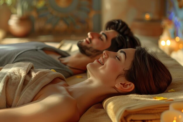 Foto um jovem casal deitado na mesa de massagem e sorrindo.