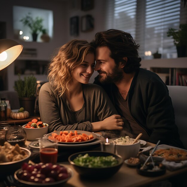 Foto um jovem casal deitado no sofá em sua casa moderna fazendo uma noite de cinema privada abraçando