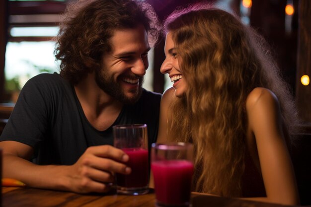 Foto um jovem casal desfrutando de copos de suco de beterraba juntos