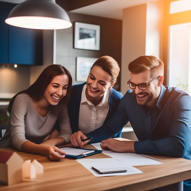 Foto um jovem casal e seu agente imobiliário todos sorrindo enquanto olham para os documentos agente imobiliario