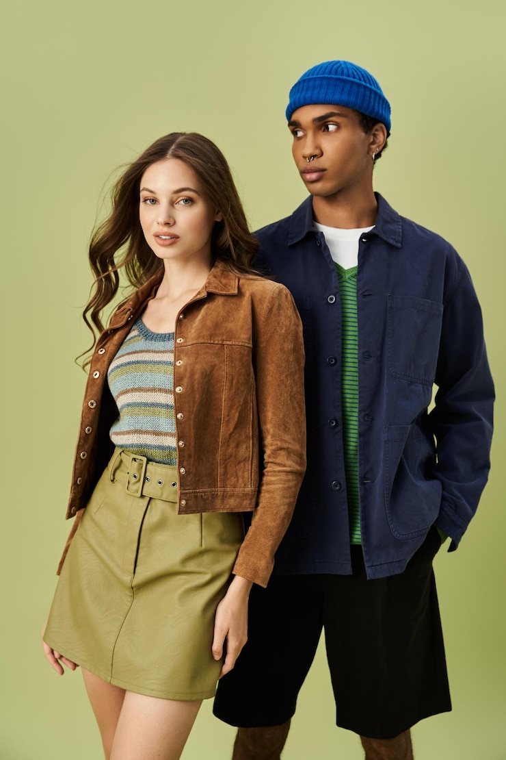 Foto um jovem casal elegante exibe uma vibrante moda de outono contra um fundo colorido