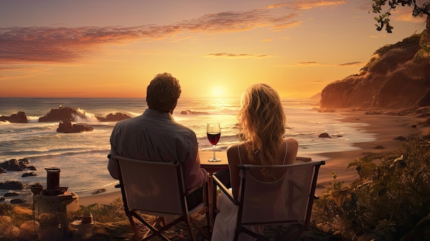 Um jovem casal em frente ao mar a ver o pôr-do-sol e a beber vinho no dia dos namorados.