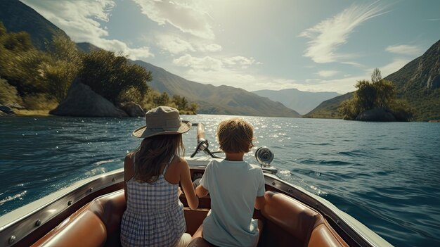 Foto um jovem casal em um barco a deslizar suavemente através de águas calmas o estilo minimalista destaca a tranquilidade da viagem de cruzeiro