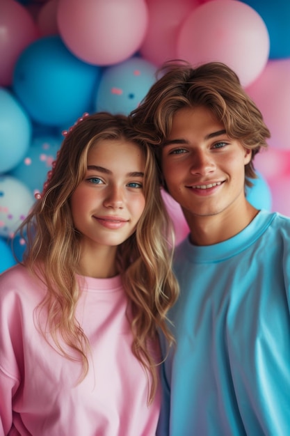 Um jovem casal em um fundo de balões cor-de-rosa e azul festa de gênero