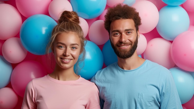 Um jovem casal em um fundo de balões cor-de-rosa e azul festa de gênero