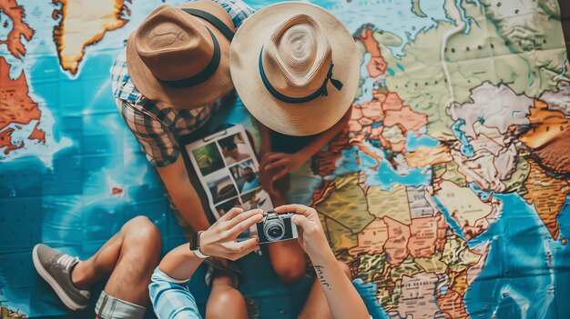 Foto um jovem casal está a planear as suas próximas férias estão a olhar para um mapa do mundo juntos e sembrano essere molto felici