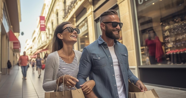 Um jovem casal está andando pela rua com sacos enquanto faz compras no shopping