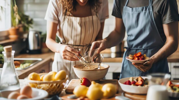 Um jovem casal está cozinhando juntos na cozinha. Ambos estão usando avental e parecem felizes e relaxados.