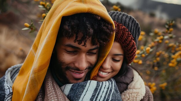 Foto um jovem casal está de pé em um campo de flores o homem está segurando a mulher em seus braços e ambos estão sorrindo