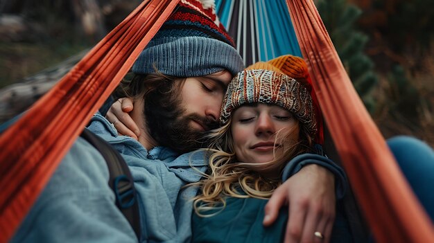 Foto um jovem casal está dormindo em uma hamaca na floresta. ambos estão vestindo bonés e a mulher está vestindo um casaco azul.