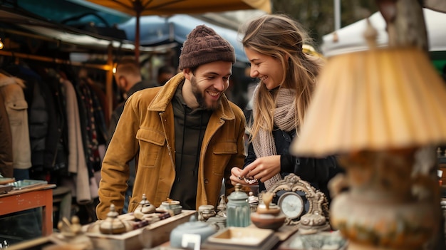 Um jovem casal está olhando para alguns itens vintage em um mercado de pulgas Eles estão sorrindo e rindo e parecem estar desfrutando de seu tempo juntos