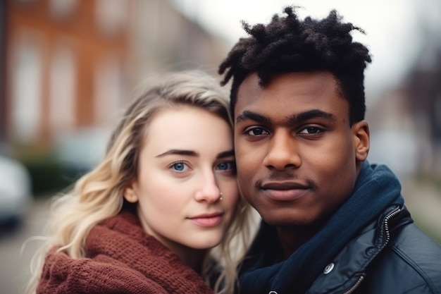 Um jovem casal está se abraçando e o homem está vestindo uma jaqueta marrom.