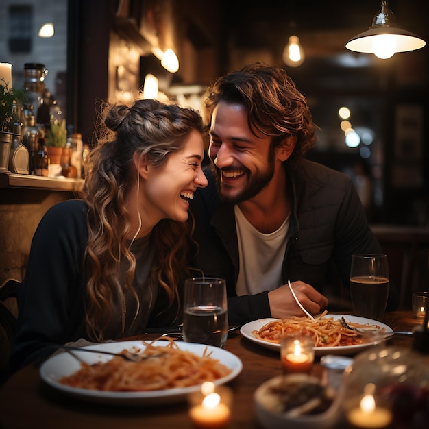 Foto um jovem casal está sentado em um restaurante italiano rindo e se divertindo