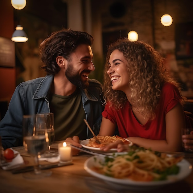 Um jovem casal está sentado em um restaurante italiano rindo e se divertindo