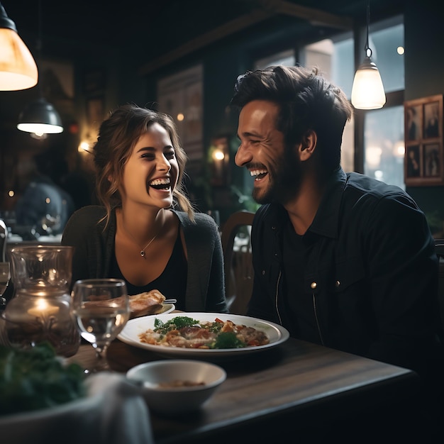 Foto um jovem casal está sentado em um restaurante italiano rindo e se divertindo