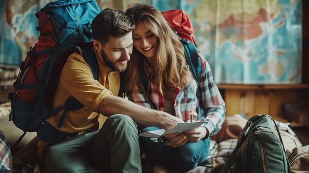 Foto um jovem casal está sentado em uma cama em um albergue olhando para um mapa e planejando sua próxima aventura