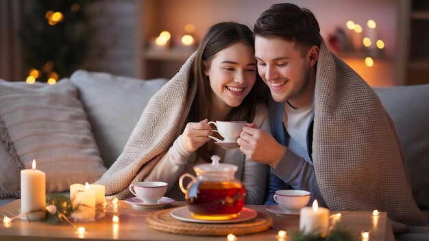 Foto um jovem casal feliz a beber chá em casa.