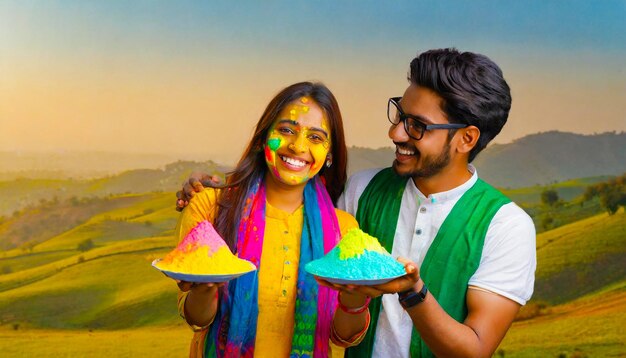 Um jovem casal feliz a celebrar o Holi.