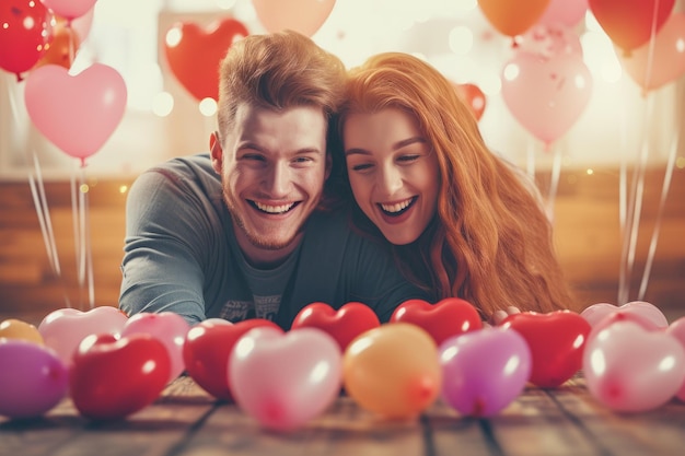 Um jovem casal feliz a divertir-se com balões em forma de coração.