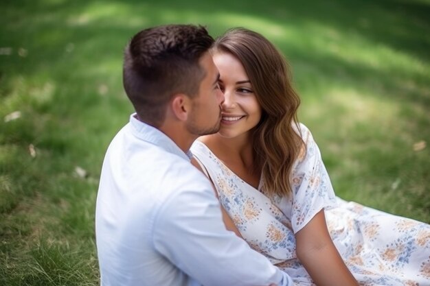 Um jovem casal feliz abraçando-se enquanto está sentado na grama criada com IA generativa