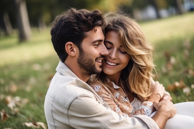 Um jovem casal feliz abraçando-se enquanto está sentado na grama criada com IA generativa