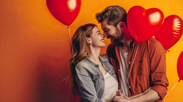 Um jovem casal feliz com balões em forma de coração cores vibrantes e alegria