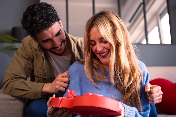 Foto um jovem casal feliz com uma caixa de presentes em forma de coração para a celebração do dia dos namorados.