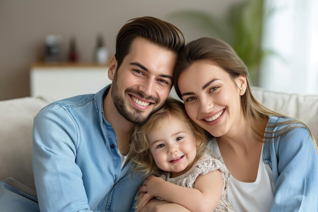 Um jovem casal feliz com uma menina sorridente em casa.