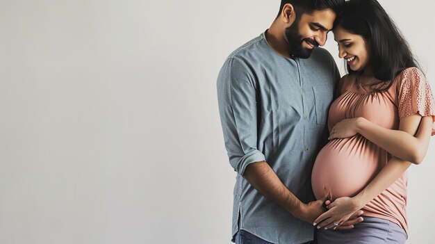 Um jovem casal feliz de etnia indiana espera