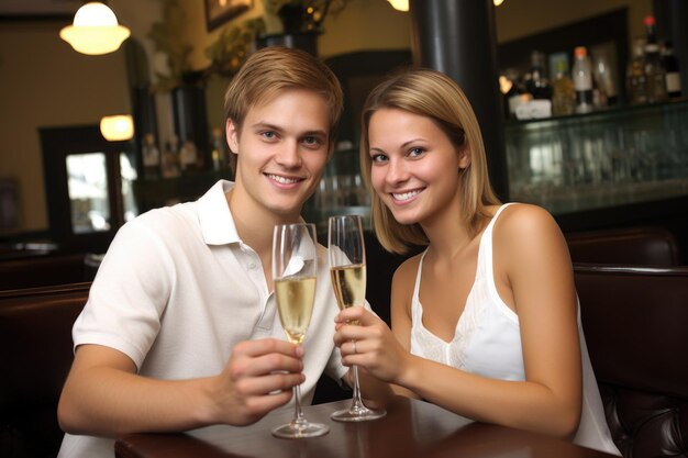 Um jovem casal feliz desfrutando de champanhe em seu restaurante favorito criado com IA generativa