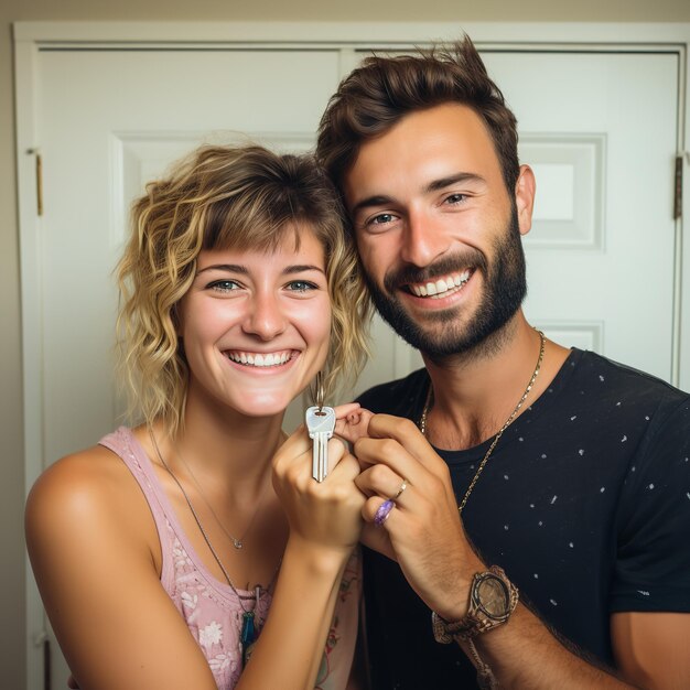 Um jovem casal feliz detém as chaves de sua nova casa.