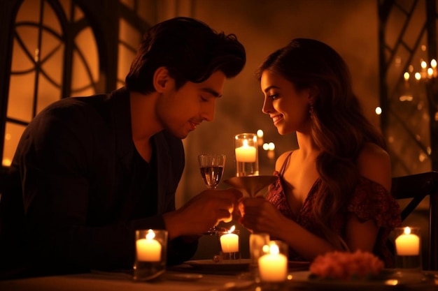 Um jovem casal feliz e apaixonado tem um jantar romântico brindando um ao outro com copos de vinho.