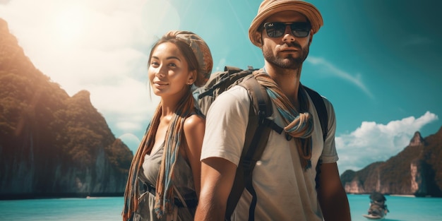 Foto um jovem casal feliz em viagens de ia generativa